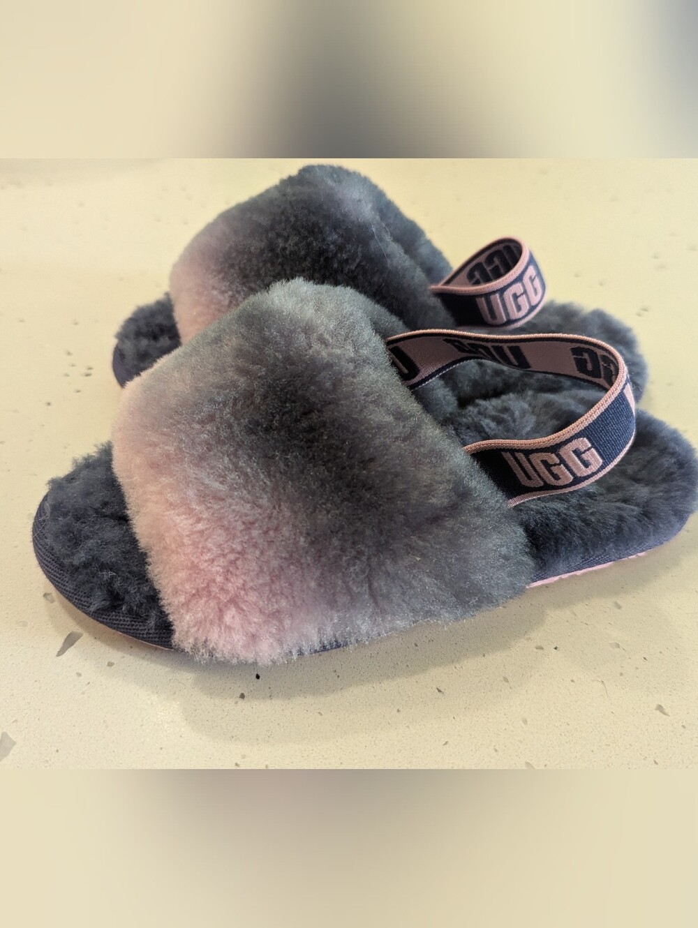UGG Women's Pink and Gray Fluff Slide with Branded Strap